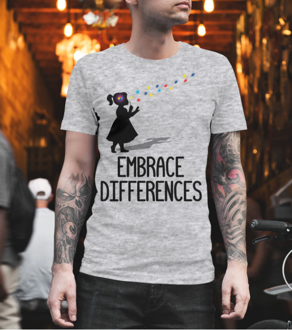 Embrace Differences Silhouette Girl With Autism Puzzle Flower and Colorful Bubbles T-Shirt Embrace Differences Silhouette Girl With Autism Puzzle Flower and Colorful Bubbles T-Shirt