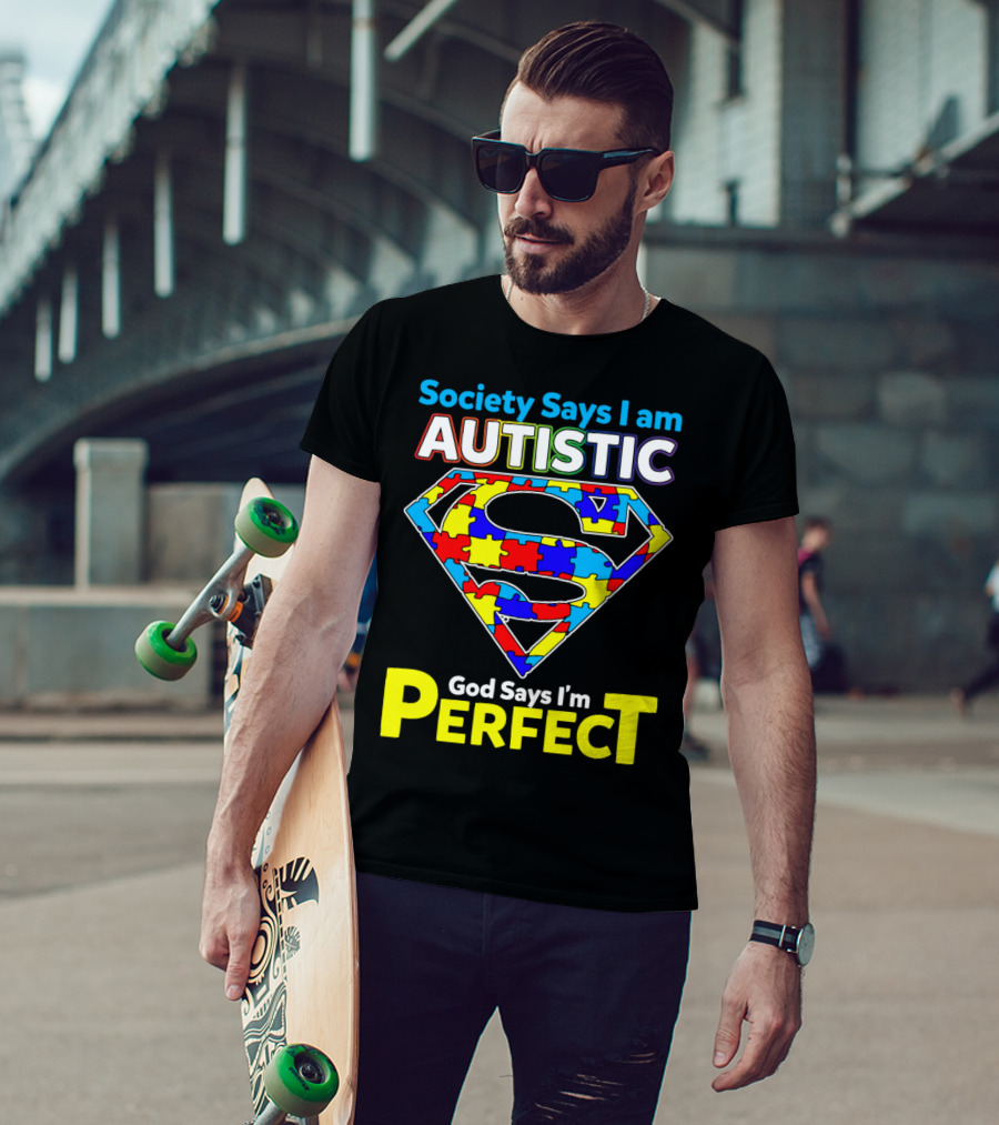 Society Says I Am Autistic God Says I'm Perfect Superman Puzzle T-Shirt