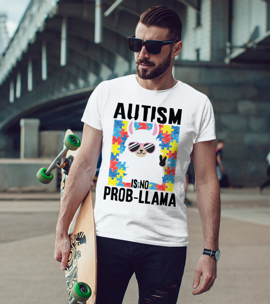 Autism Is No Prob-Llama Puzzle Pattern Sunglasses Peace Sign T-Shirt
