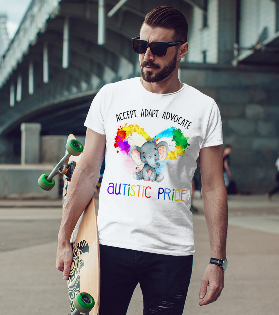 Accept, Adapt, Advocate Autistic Pride Colorful Elephant T-Shirt