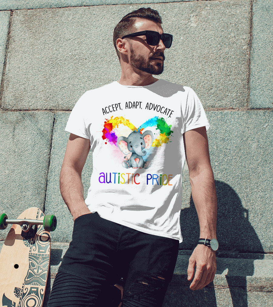 Accept, Adapt, Advocate Autistic Pride Colorful Elephant T-Shirt