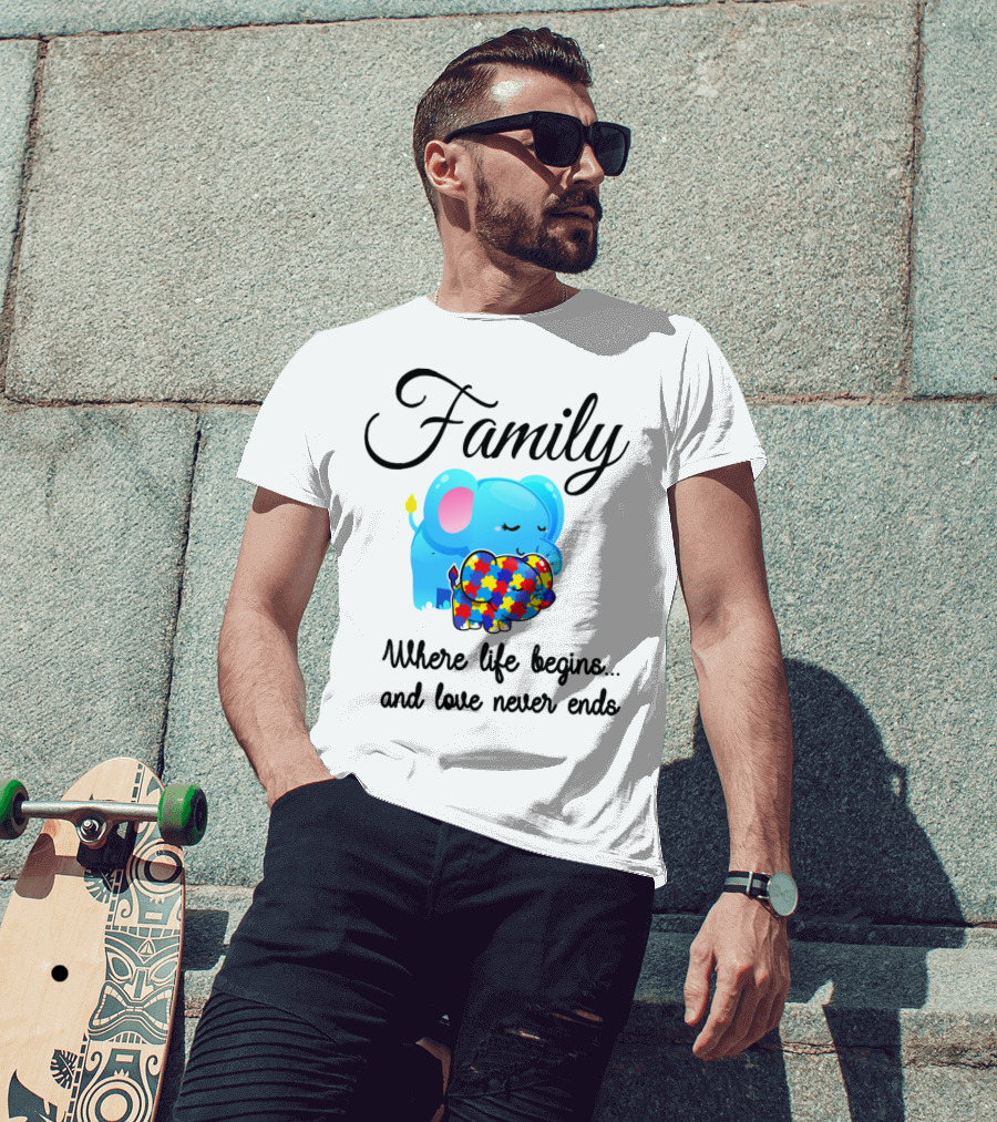 Family Where Life Begins Love Never Ends Autism Puzzle Piece Elephant T-Shirt