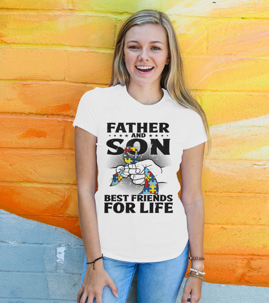 Father And Son Best Friends For Life Autism Puzzle Ribbon Fist Bump T-Shirt