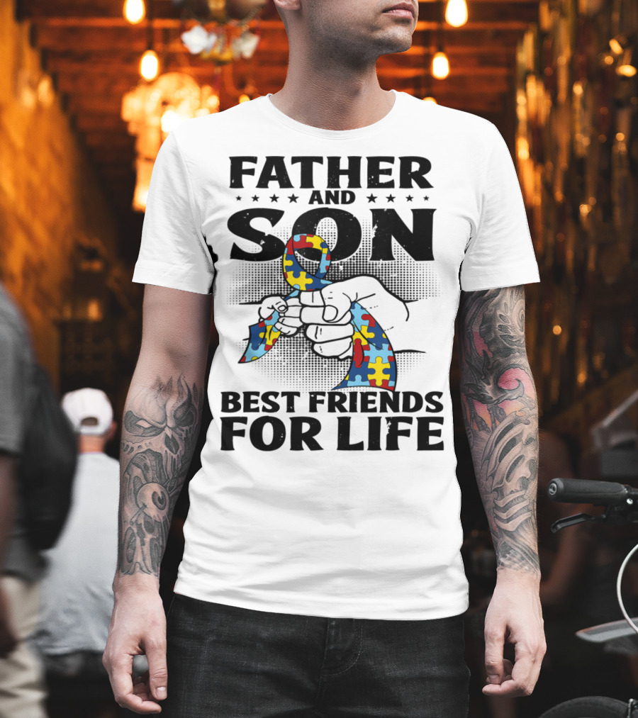 Father and Son Best Friends for Life Autism Puzzle Ribbon Fist Bump T-Shirt
