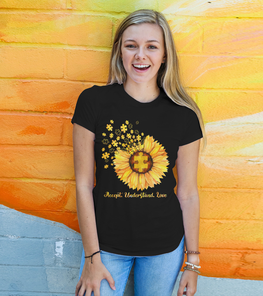 Sunflower Puzzle Pieces Accept Understand Love T-Shirt