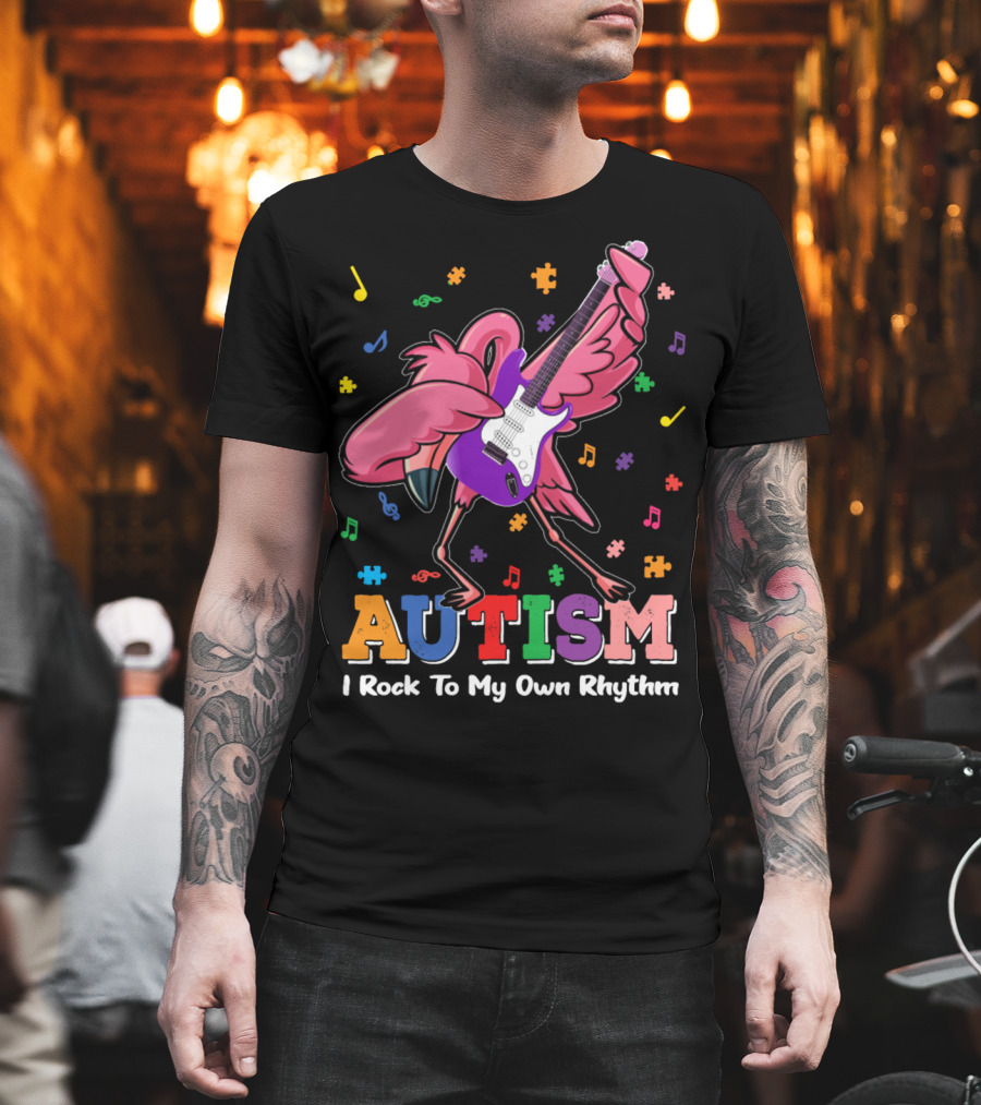 Autism I Rock to My Own Rhythm Flamingo with Guitar and Puzzle Pieces T-Shirt
