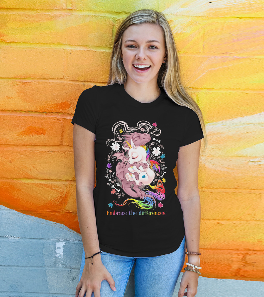 Embrace The Differences Unicorn And Dragon Rainbow Puzzle Flowers T-Shirt