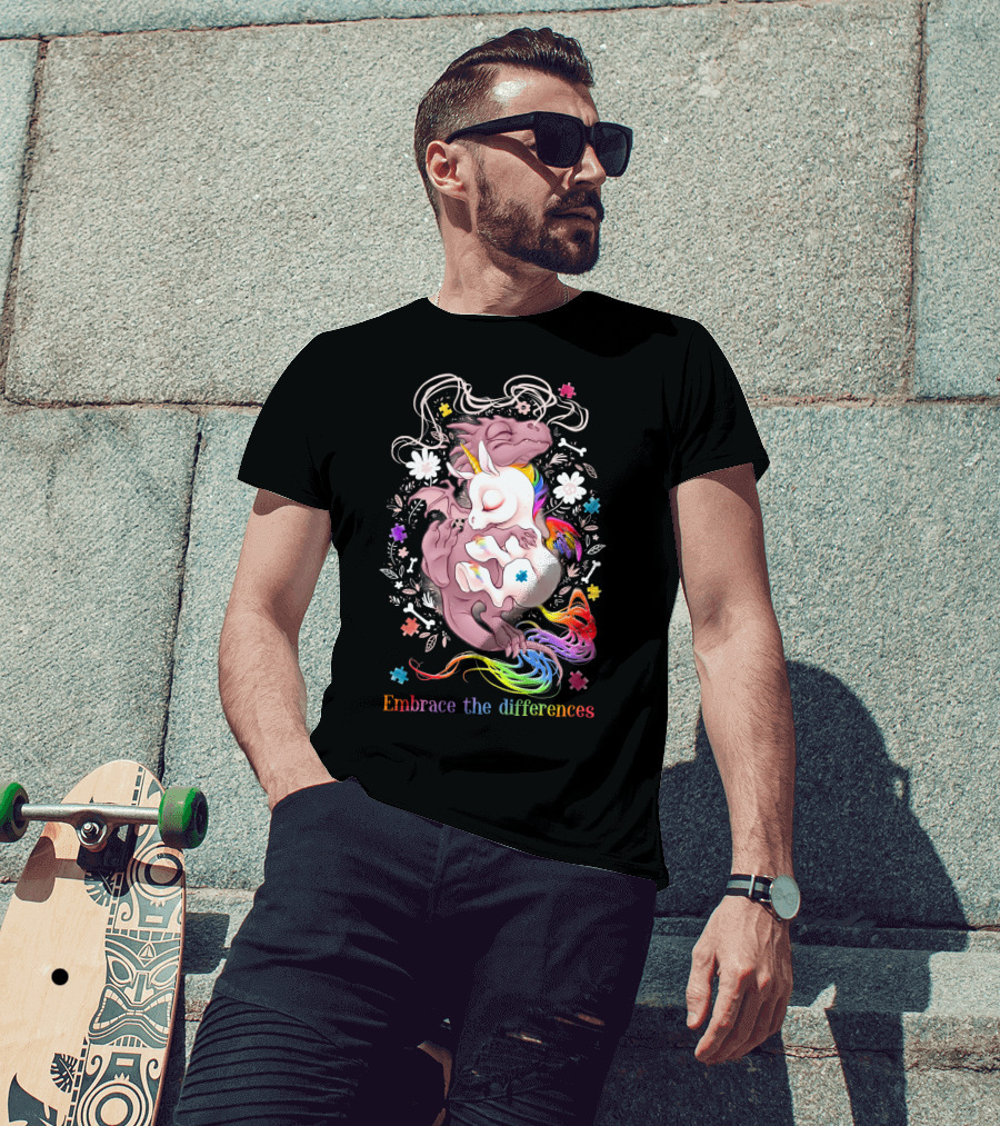 Embrace The Differences Unicorn And Dragon Rainbow Puzzle Flowers T-Shirt