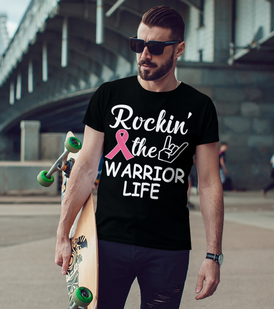 Rockin' The Warrior Life Pink Ribbon Rock Hand T-Shirt