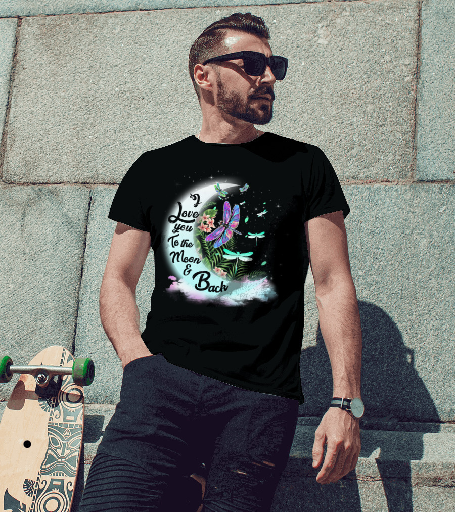 I Love You To The Moon And Back Dragonflies Moonlit Flowers T-Shirt