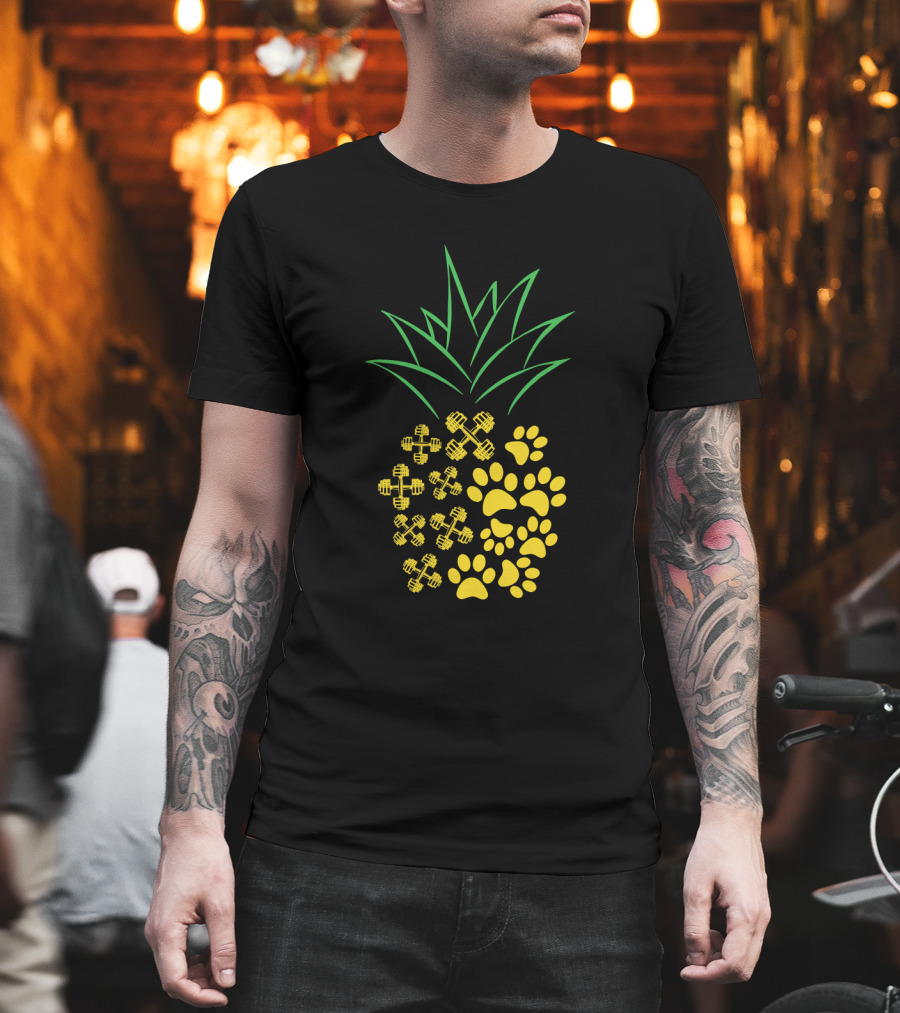 Weight Lifting Pineapple With Dumbbells And Paw Prints T-Shirt