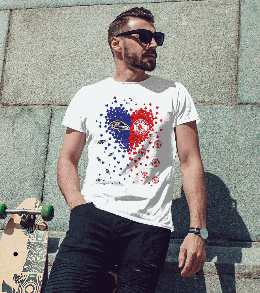 Baltimore Ravens Heart With Boston Red Sox Logo Hearts T-Shirt