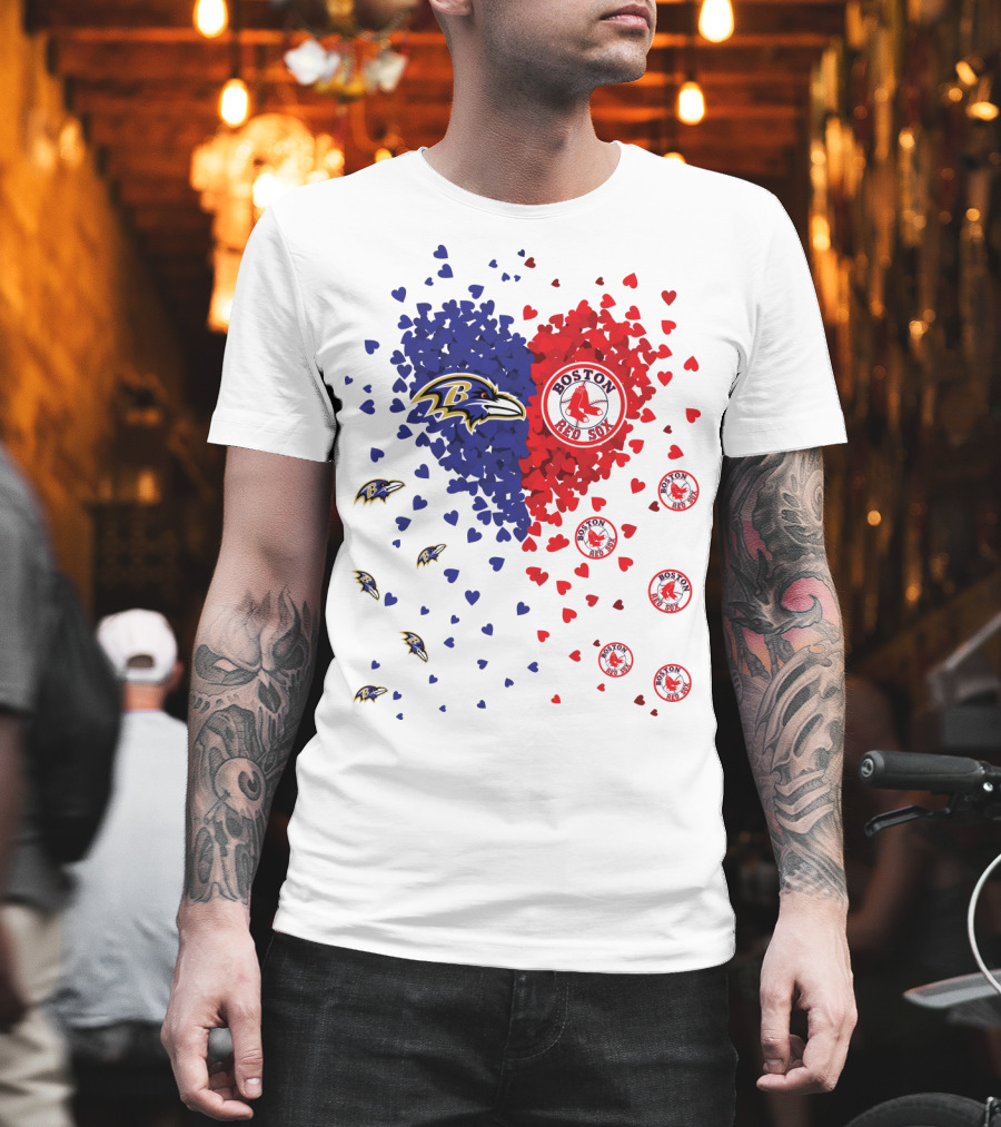 Baltimore Ravens Heart with Boston Red Sox Logo Hearts T-Shirt