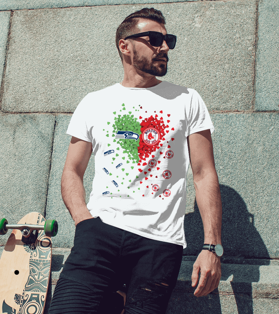Seahawks And Boston Red Sox Heart Design With Logos And Symbols T-Shirt