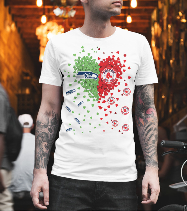 Seahawks and Boston Red Sox Heart Design with Logos and Symbols T-Shirt Seahawks and Boston Red Sox Heart Design with Logos and Symbols T-Shirt