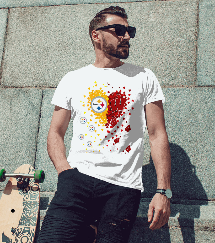 Steelers Logo And University Of Wisconsin Badgers Heart Design Featuring Yellow And Red Hearts T-Shirt