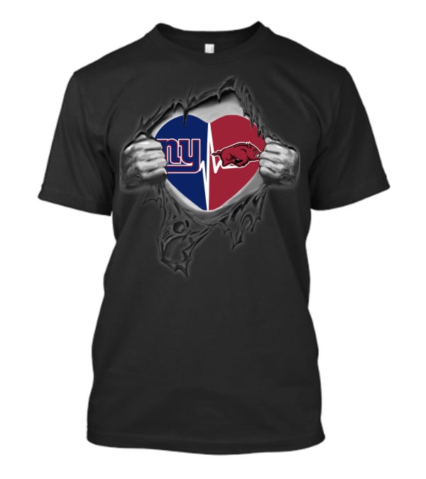 New York Giants Arkansas Razorbacks Heartbeat Fan Logos T-Shirt