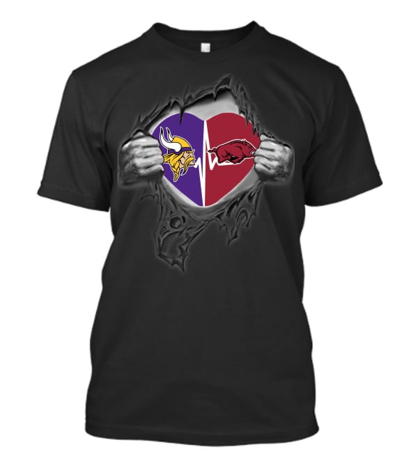 Minnesota Vikings Arkansas Razorbacks Heart Rip Logo Fusion T-Shirt