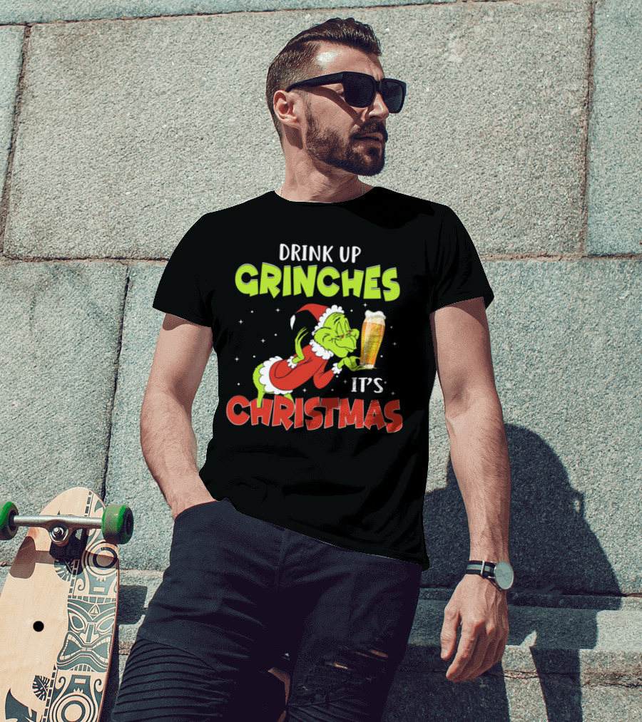 Drink Up Grinches It's Christmas Santa Grinch Holding Beer T-Shirt