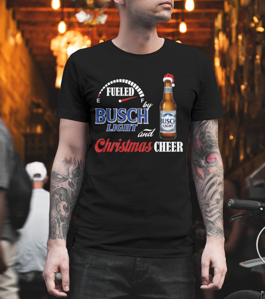 Fueled By Busch Light Christmas Cheer Beer Bottle Santa Hat T-Shirt
