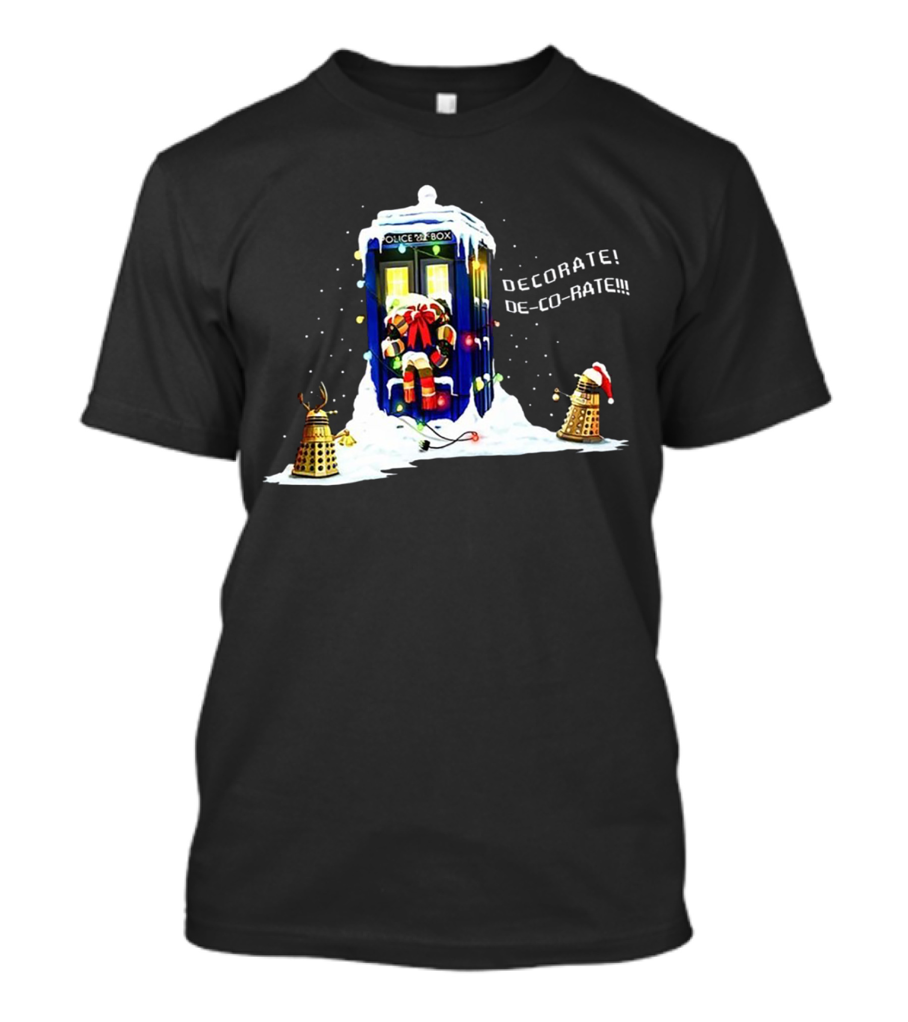 Doctor Who TARDIS Daleks Decorate Christmas Scene T-Shirt