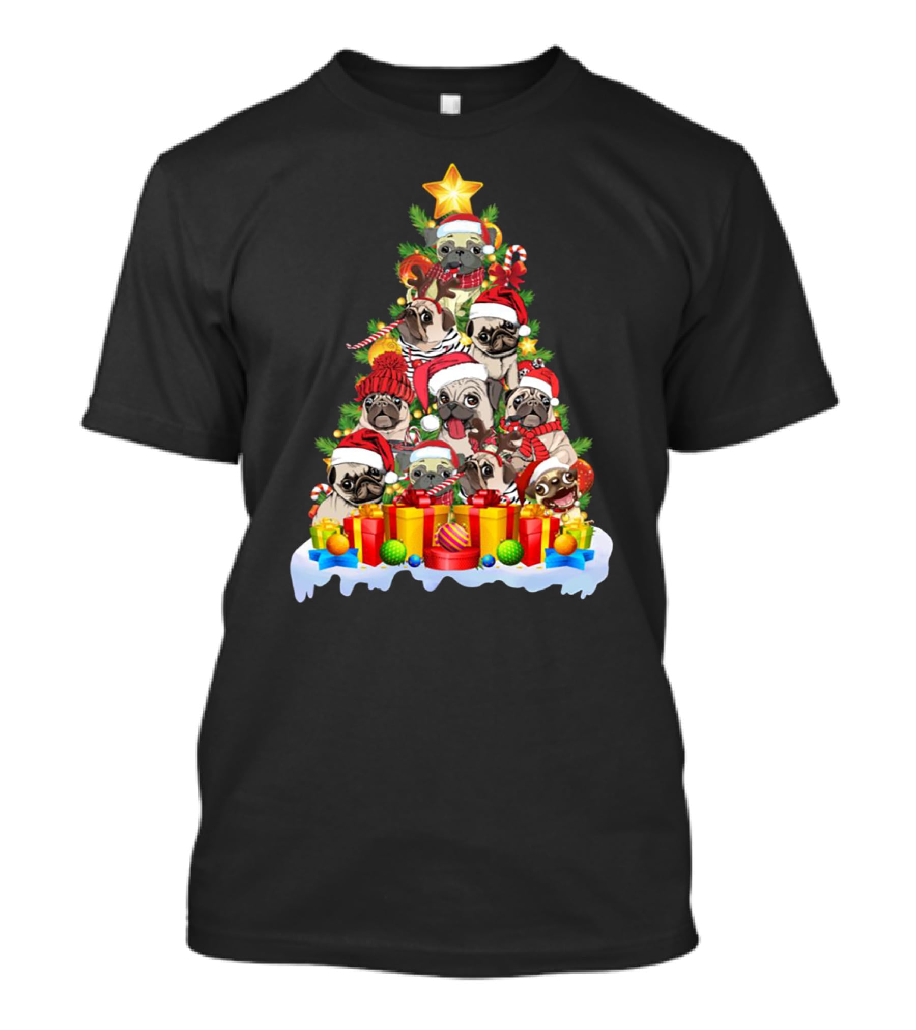 Pug Christmas Tree With Santa Hats And Presents T-Shirt