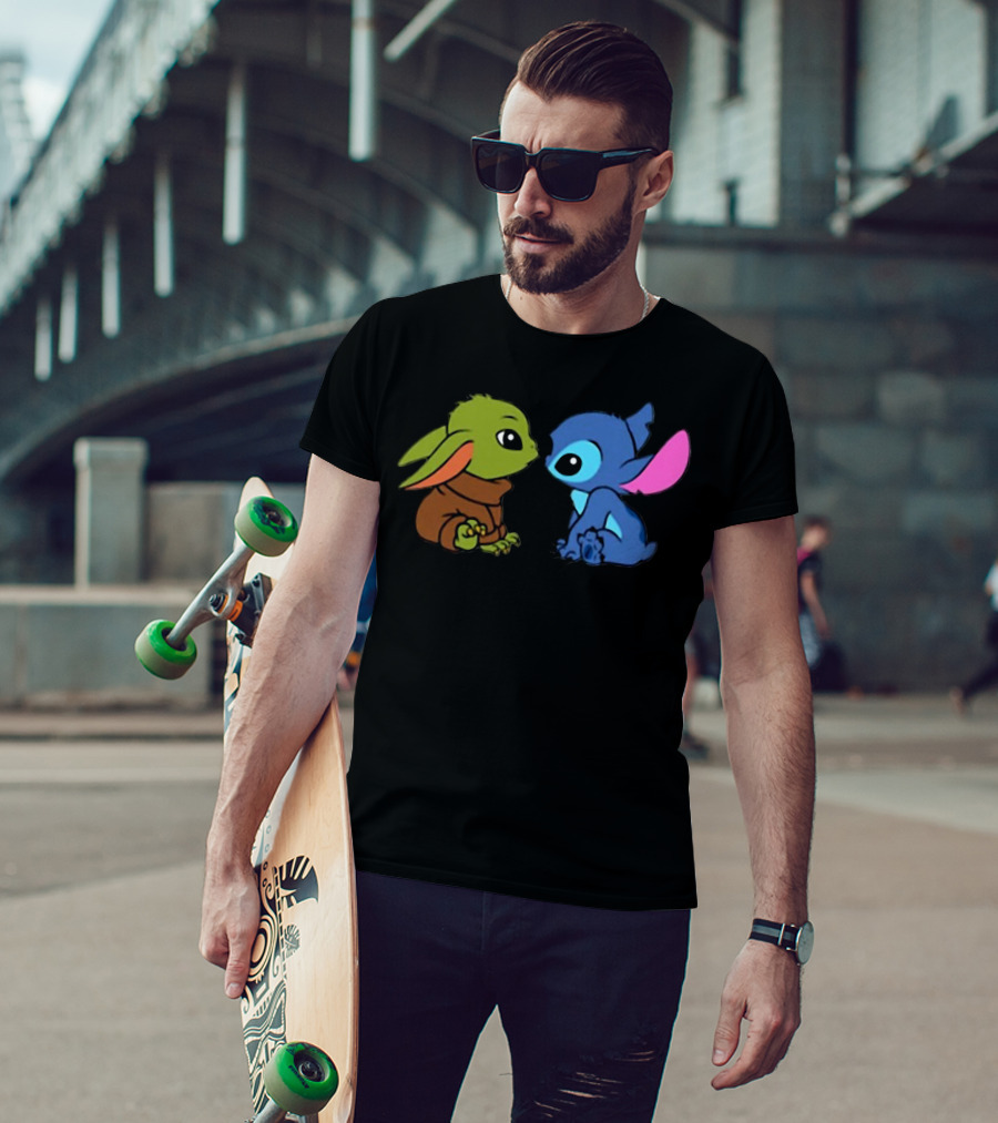 Baby Yoda And Baby Stitch Cute Characters Crossover T-Shirt