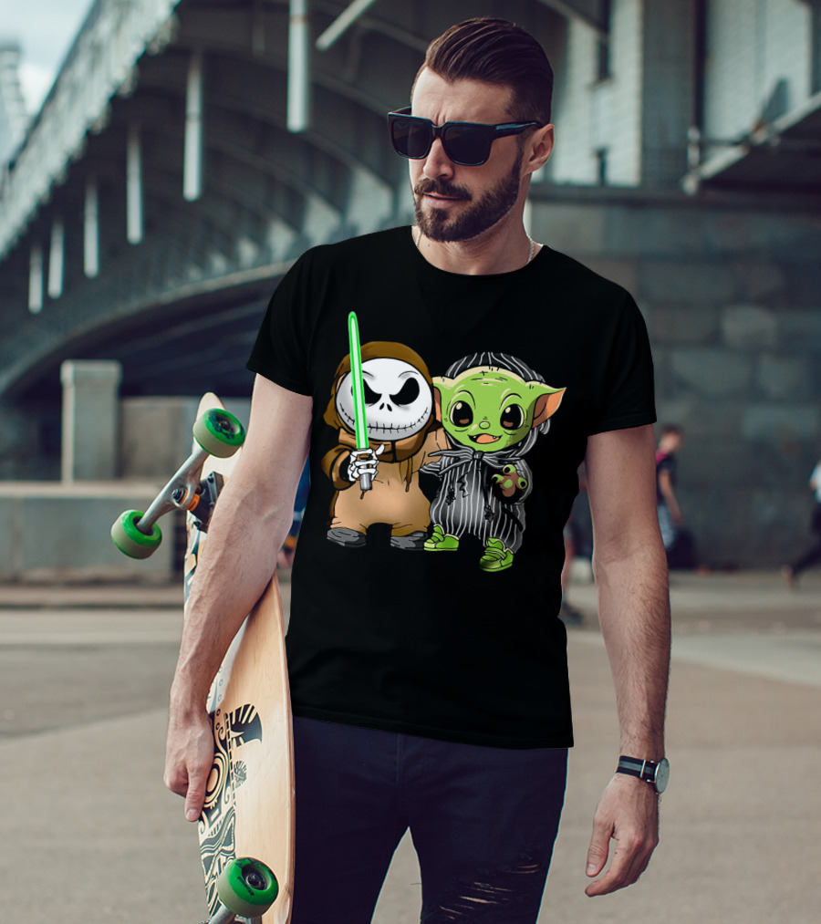 Jack Skellington In Jedi Robe And Baby Yoda In Striped Suit With Lightsaber T-Shirt