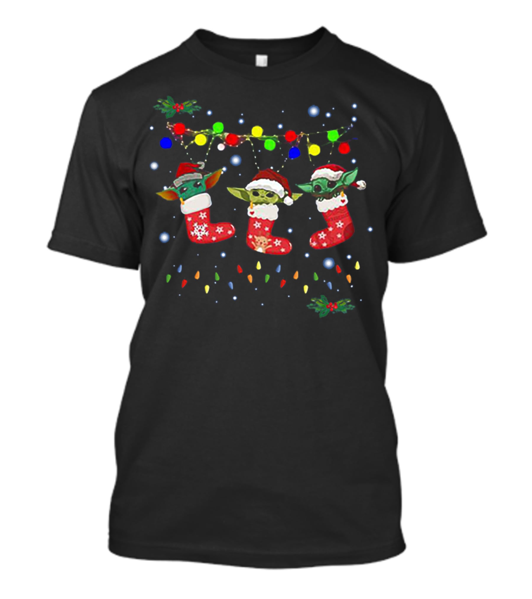 In Stock Light Christmas Baby Yoda Santa Stockings Multicolored Lights T-Shirt