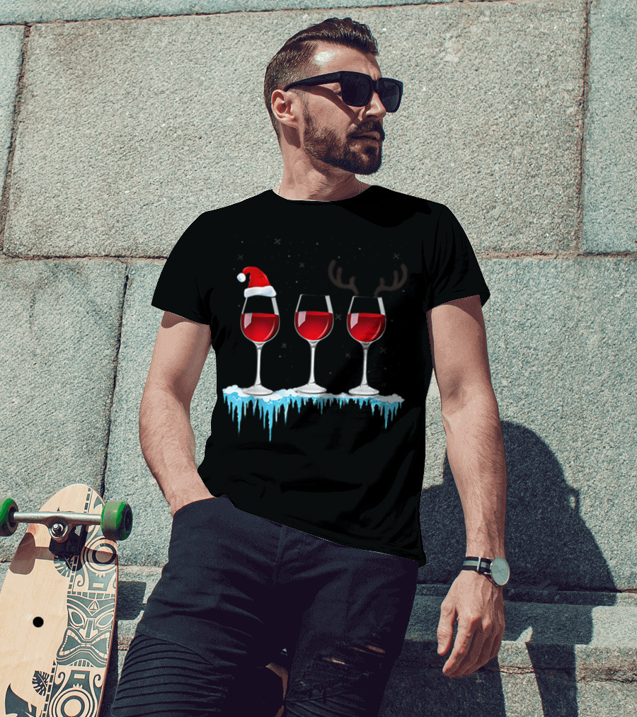 Red Wine Three Glasses Santa Hat Antlers Snow Holiday T-Shirt