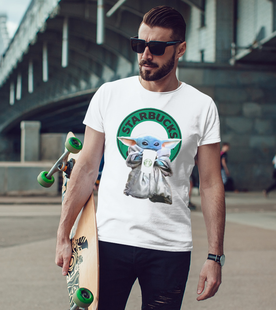 Star Wars Baby Yoda Holding Starbucks Coffee Cup T-Shirt