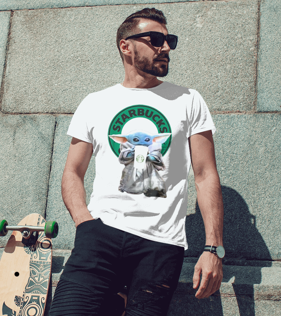 Star Wars Baby Yoda Holding Starbucks Coffee Cup T-Shirt