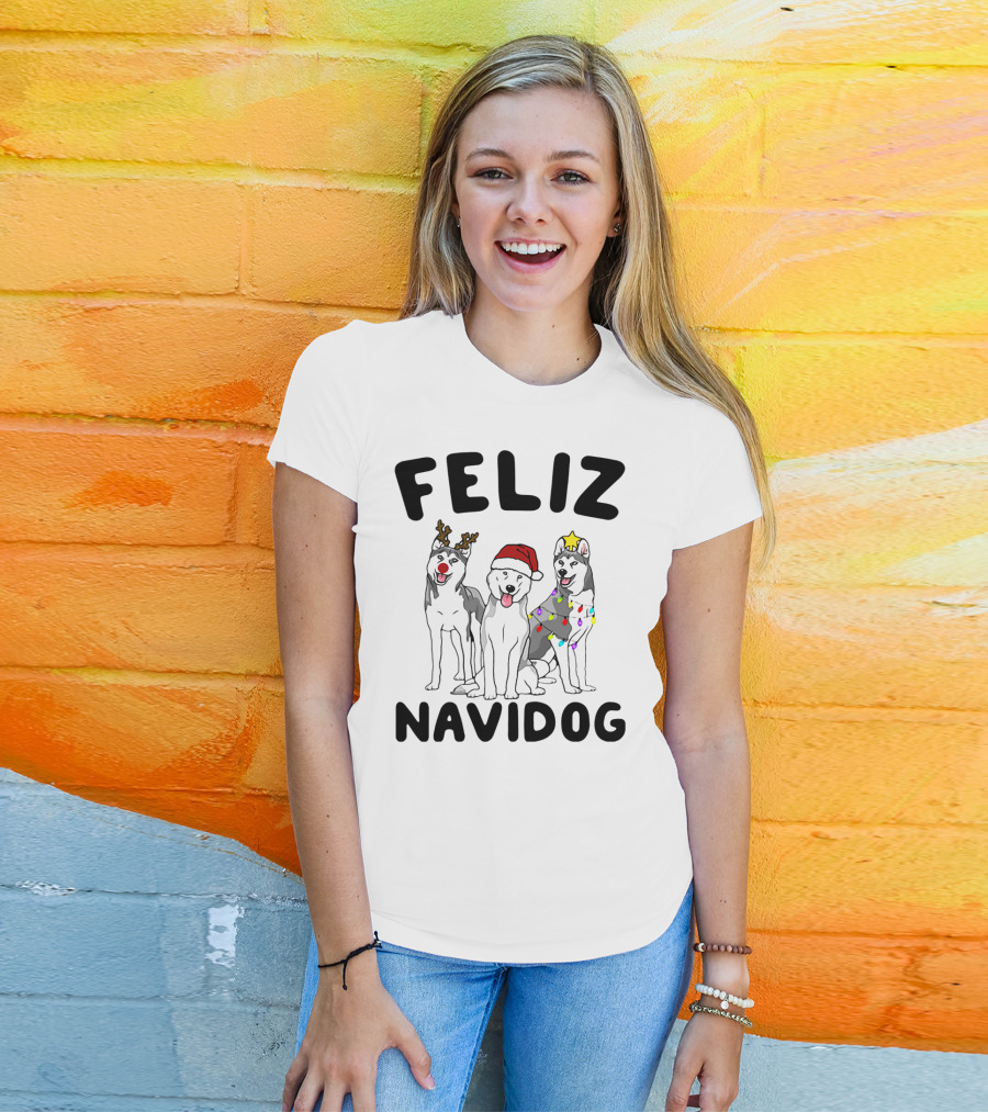 Feliz Navidog Husky Reindeer Santa Lights T-Shirt