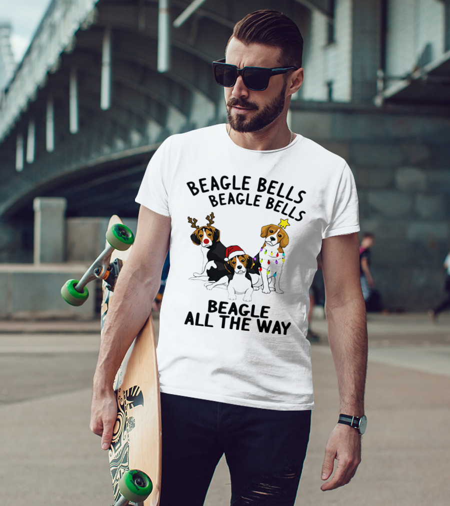 Beagle Bells Beagle All The Way Christmas Theme With Santa Hat And Reindeer Antlers T-Shirt