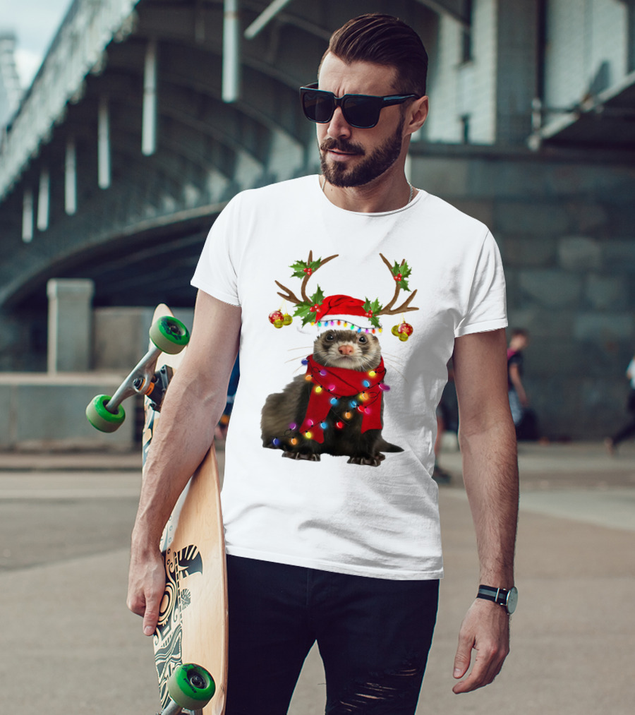 Otter With Festive Lights And Reindeer Antlers Holiday T-Shirt