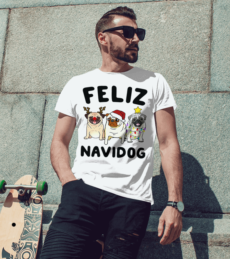 Feliz Navidog Pugs Christmas Reindeer Santa Lights T-Shirt