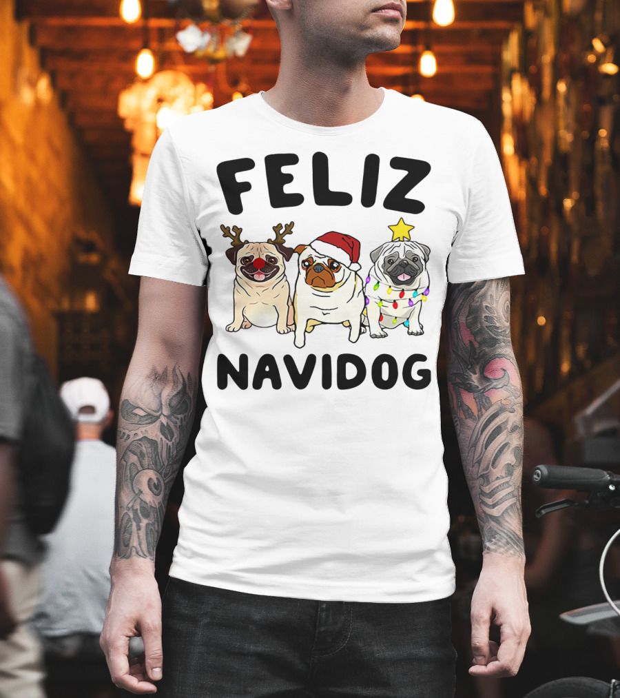 Feliz Navidog Pugs Christmas Reindeer Santa Lights T-Shirt