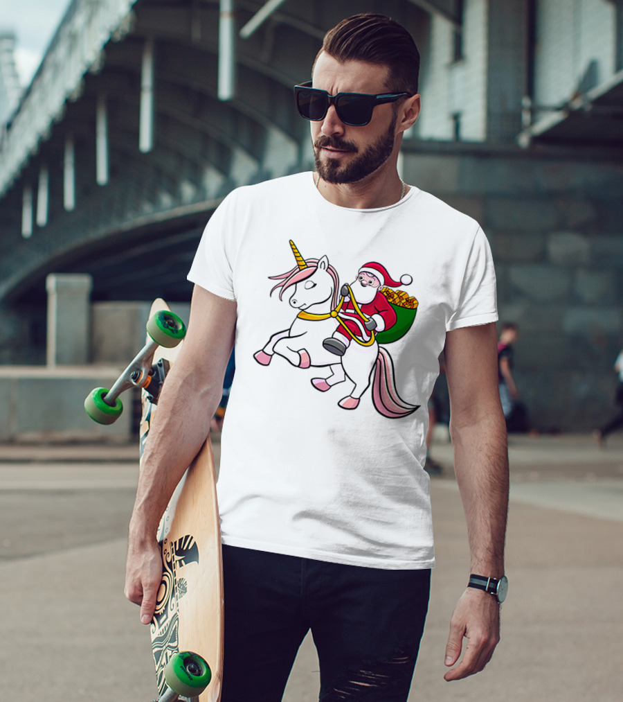 Santa Riding Unicorn With Sack Of Gifts For Cute Girls T-Shirt