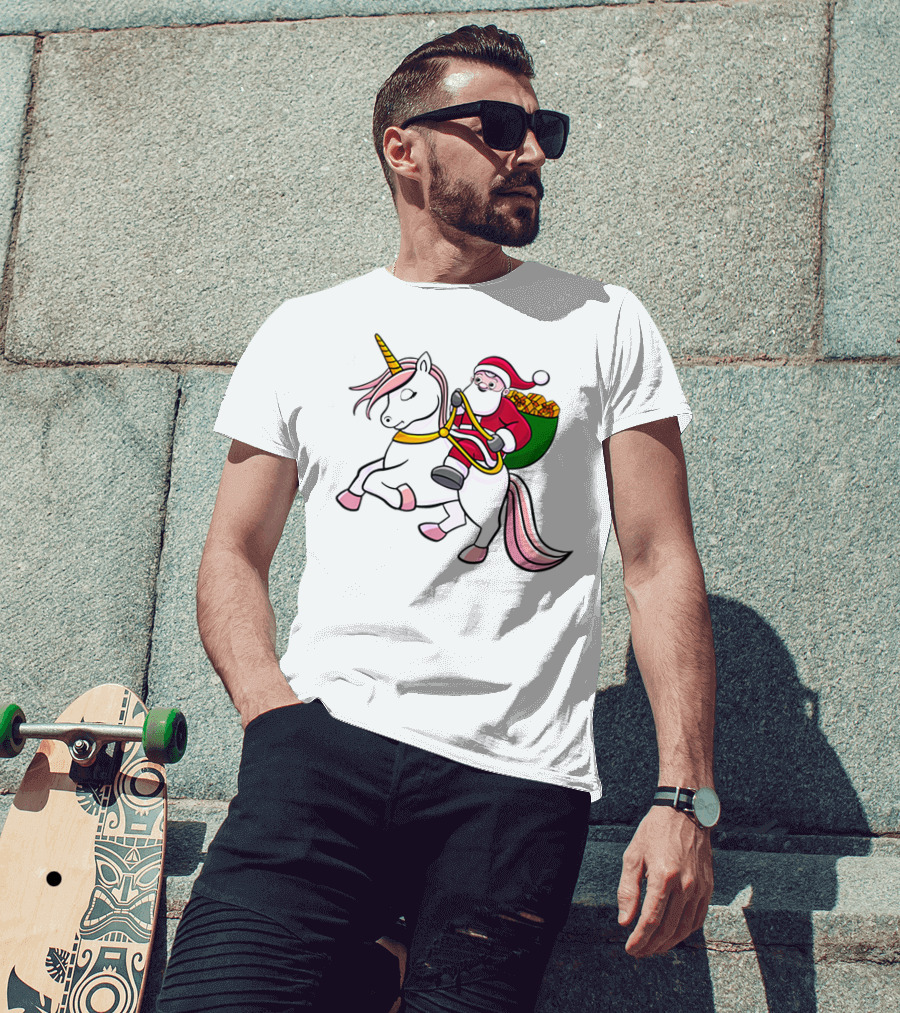 Santa Riding Unicorn With Sack Of Gifts For Cute Girls T-Shirt