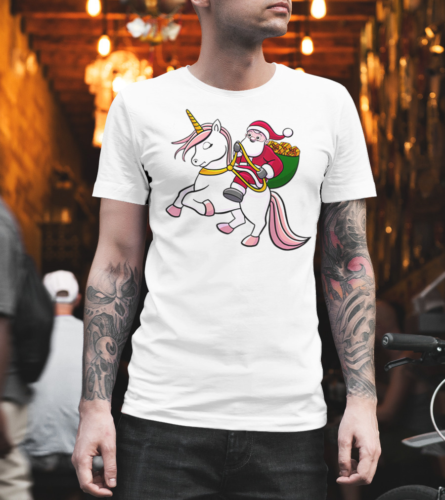 Santa Riding Unicorn With Sack Of Gifts For Cute Girls T-Shirt