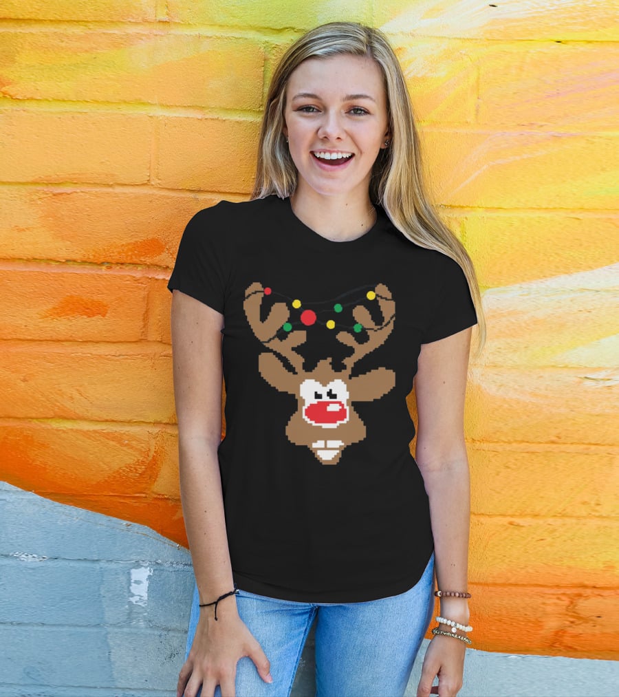Christmas Youth Pixel Reindeer With Colorful Lights T-Shirt