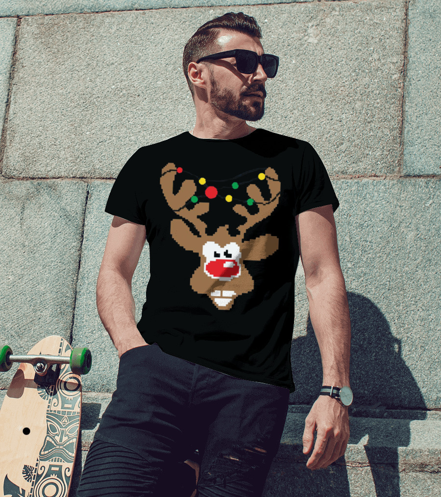 Christmas Youth Pixel Reindeer With Colorful Lights T-Shirt
