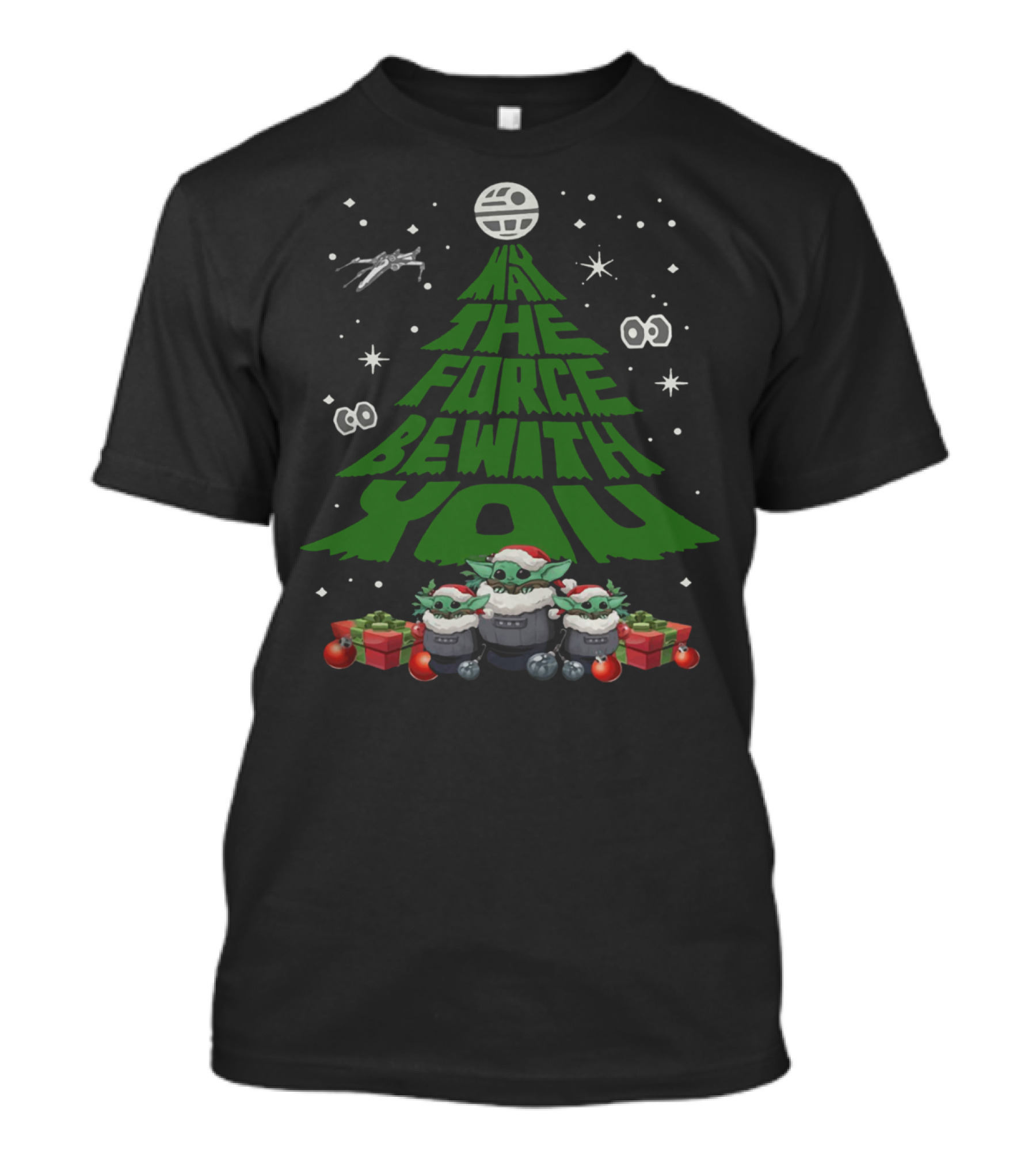 May The Force Be With You Christmas Tree Baby Yoda Ornaments Stars And X-Wing T-Shirt