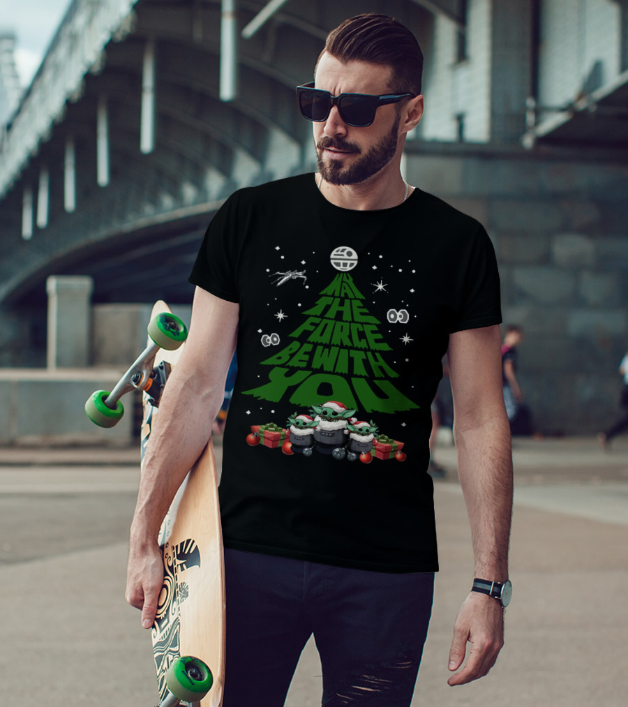 May The Force Be With You Christmas Tree Baby Yoda Ornaments Stars And X-Wing T-Shirt
