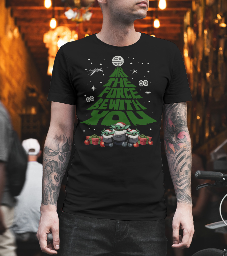 May The Force Be With You Christmas Tree Baby Yoda Ornaments Stars And X-Wing T-Shirt