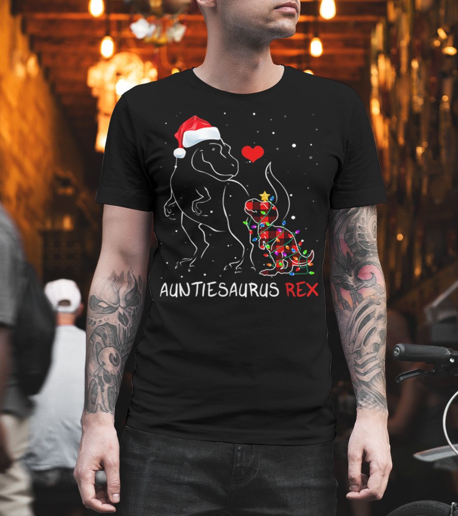 AUNTIESAURUS REX Red Plaid Christmas Dinosaur with Santa Hat and Lights T-Shirt