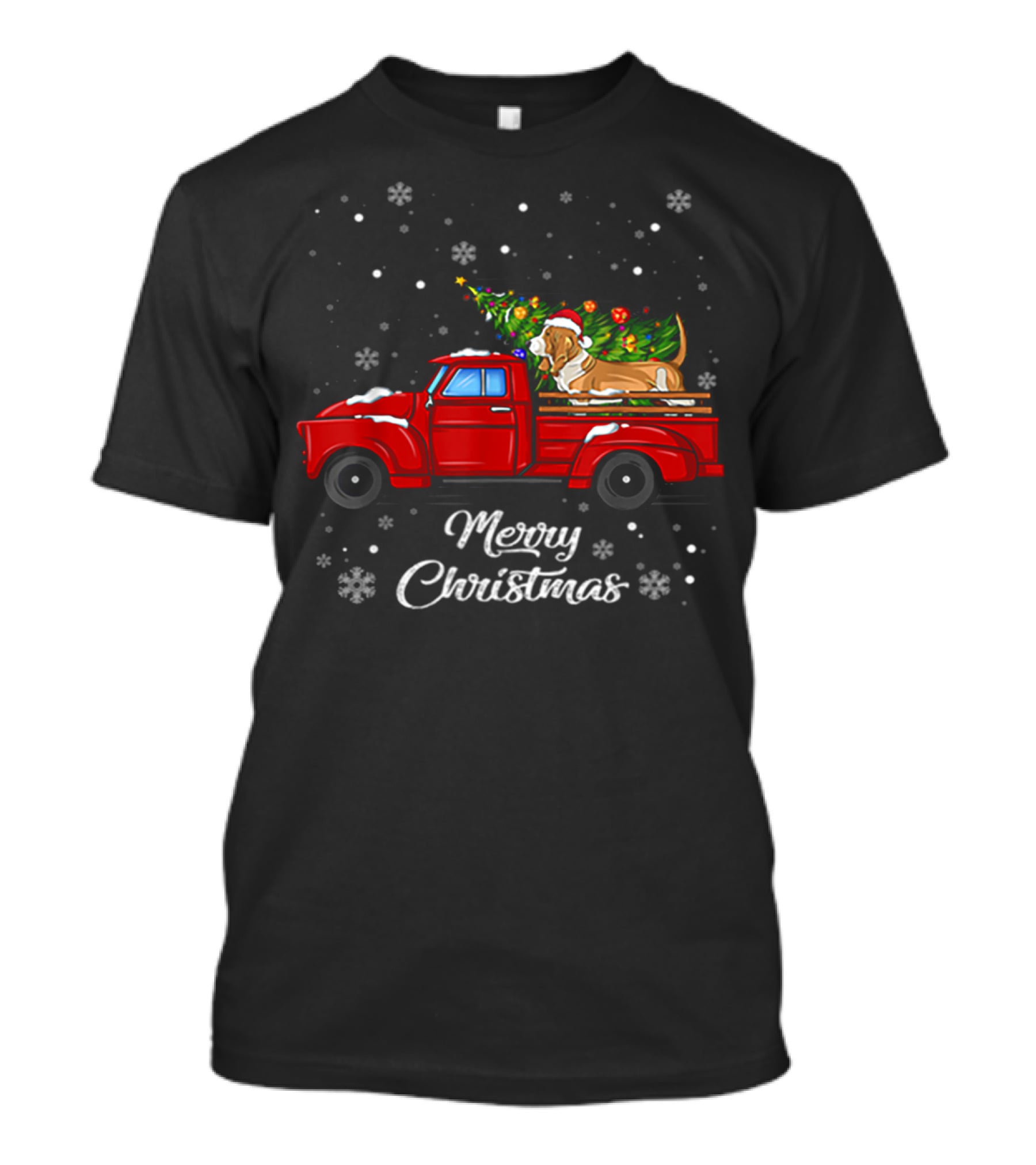 Merry Christmas Basset Hound With Santa Hat On Red Truck With Christmas Tree And Snowflakes T-Shirt