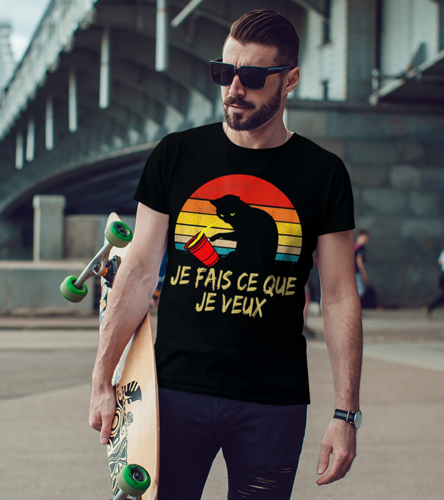 Black Cat Je Fais Ce Que Je Veux Retro Sunset Silhouette 80s T-Shirt
