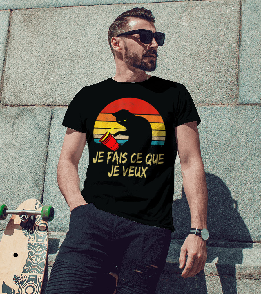 Black Cat Je Fais Ce Que Je Veux Retro Sunset Silhouette 80s T-Shirt