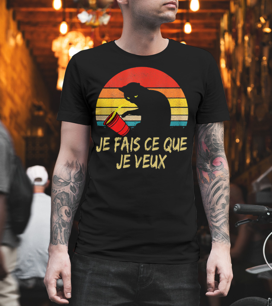 Black Cat Je Fais Ce Que Je Veux Retro Sunset Silhouette 80s T-Shirt
